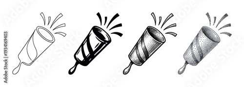 Party popper icons bursting with festive celebration elements, showcasing a range of artistic styles from outline to stippled.