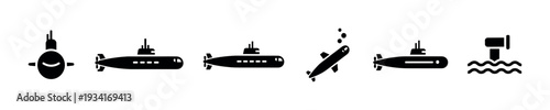 Collection of black submarine icons in various designs representing underwater exploration and naval transportation.