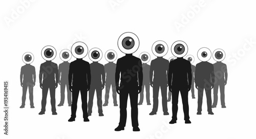 A group of people with camera eyes standing together in a crowd
