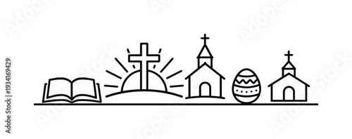 Christian Easter symbols including an open bible, cross on a hill, churches, and decorated egg