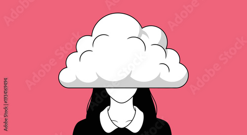 A cartoon woman with a cloud covering her face on a pink background