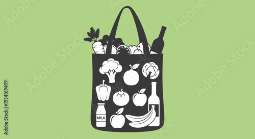 A black tote bag filled with groceries and food items on a green background