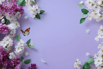 white background with white cherry blossom flowers and green leaves, a butterfly flying in the center of the frame, petals scattered around the border