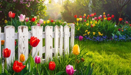 Colorful tulip garden behind white picket fence in sunlight