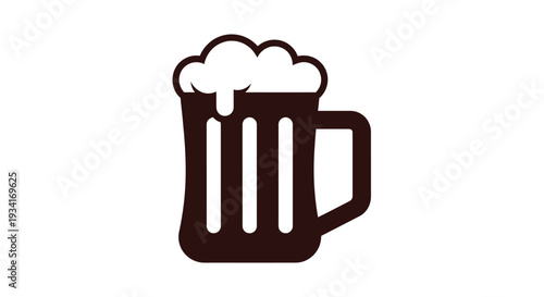 Simple dark brown vector graphic illustration of a classic beer mug filled with frothy white foam