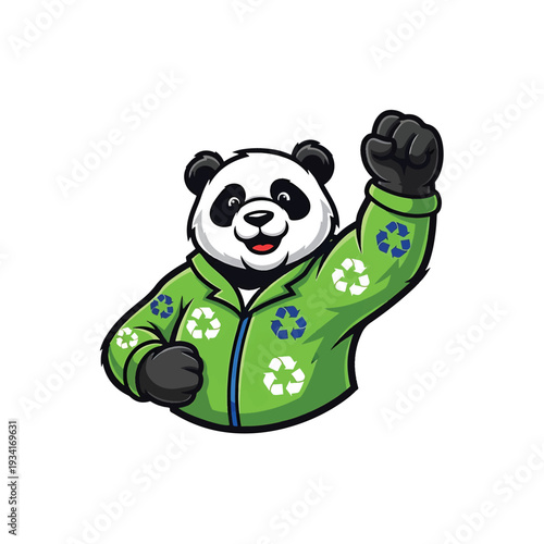 Panda Mascot in Green Recycling Jacket with Armbands