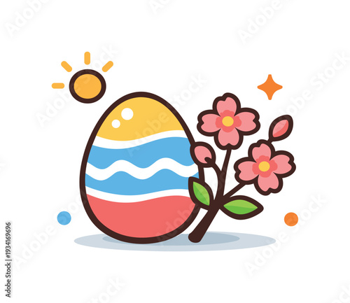 Festive Easter egg with blooming cherry blossoms and a bright sun illustration