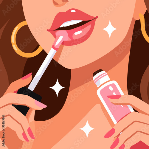 Closeup lips makeup vector of woman applying glossy lip gloss with applicator. Beauty cosmetics concept with shine sparkle, manicure, and pink tube packaging.