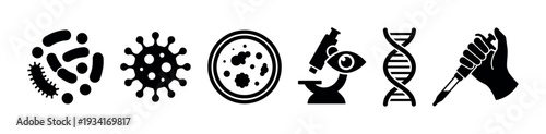 Biology microbiology science research icons set depicting various laboratory elements and genetic structures for medical studies.