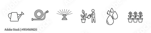 Gardening and watering icons illustrating various tools and activities for plant care and cultivation.