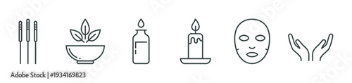 Wellness and spa icons representing relaxation, beauty, and natural health treatments in a simple line art style.