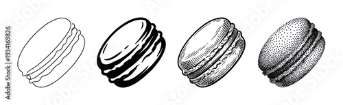 Four distinct macarons depicted in different artistic drawing styles for various creative design projects.