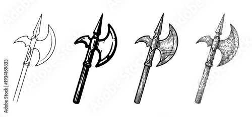 Historical polearm weapon illustration set in various artistic styles including outline, solid, engraved, and stippled designs.