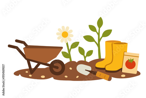 Garden tools set with wheelbarrow, rubber boots, shovel, stones and wild flowers on soil. Spring gardening concept for farm work, planting and outdoor hobby.