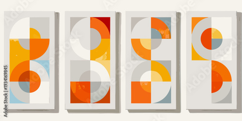 Abstract geometric art a four panel series with circles and rectangles