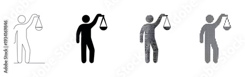 Stylized person holding a balance scale icon set representing justice and equality in various graphic styles.