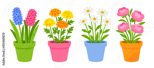 Cute flat illustration of four flowerpots with different blossoms and leaves in vibrant colors. Springtime gardening concept for greeting cards and posters.