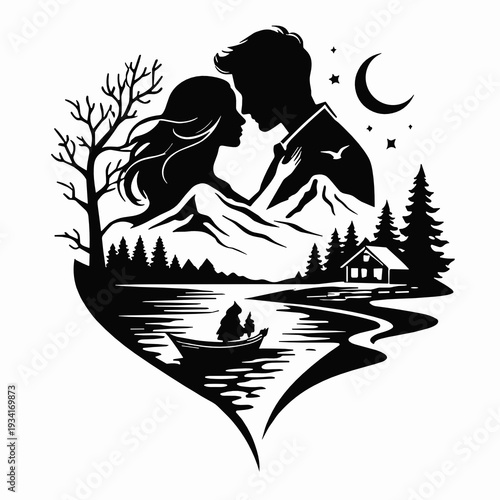 Romantic couple silhouette with mountain lake landscape, cabin in pine forest, canoe with two people, crescent moon and stars, double exposure vector for love and getaway.