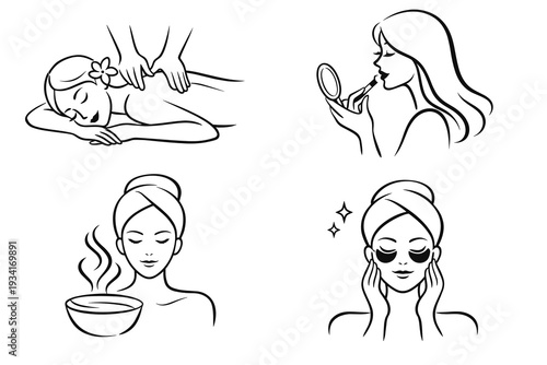 Black and white line art vector set of four beauty and spa scenes: back massage, applying lipstick with mirror, facial steaming bowl, and woman with under-eye patches. Concept of self care.