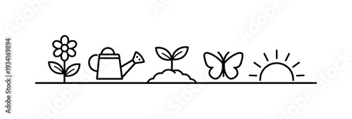 Simple line art icons depicting the life cycle of a plant from seed to bloom with a butterfly and sun