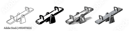 Four different styles of a classic playground seesaw illustration depicting childhood fun and balance.