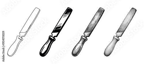 Hand file tool illustrations in various artistic styles showcasing different rendering techniques for craftsmanship and repair work.