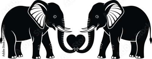 Two black elephants forming a heart shape with their trunks on a white background silhouette love