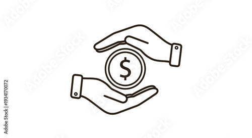 Vector illustration of hands protecting a dollar coin, representing financial security, savings, and money management.