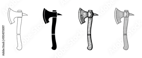 Four different styles of a classic fire axe vector illustration set for design projects and emergency concepts.