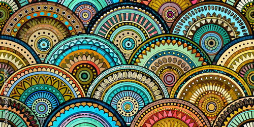 A vibrant and colorful seamless pattern of circular and geometric shapes