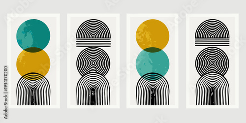 Abstract geometric art prints featuring circles arcs and bold color palettes