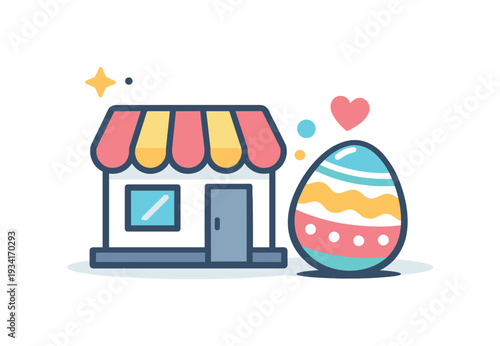 Cute cartoon storefront with a festive Easter egg and sparkling decorations