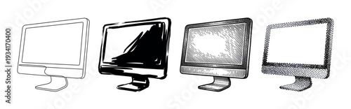 Four distinct computer monitors depicted in various artistic styles, showcasing different graphic design and illustration techniques.