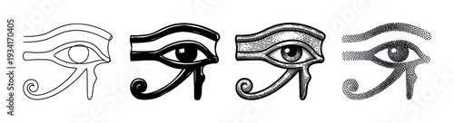 Eye of Horus ancient Egyptian symbol variations set with different artistic styles including outline, solid, engraved, and stippled designs.