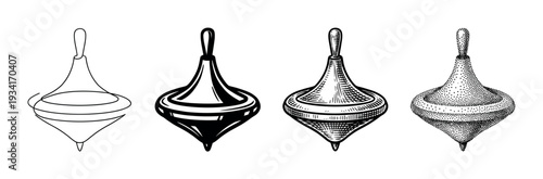 Spinning tops are depicted in a collection of four different artistic styles, from simple outline to detailed stippling.