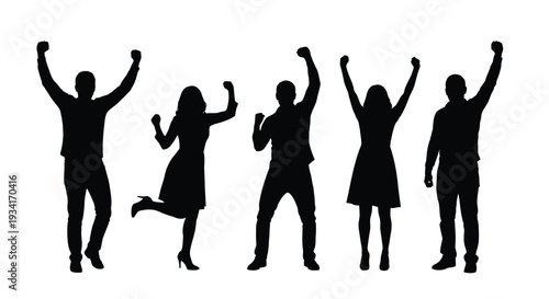 Diverse group of five people celebrating a major success with raised arms vector graphic illustration