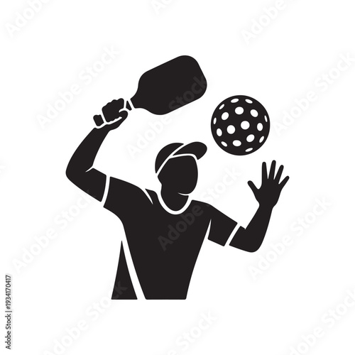 Pickleball Player Silhouette with Paddle and Ball – Black and White Vector Illustration