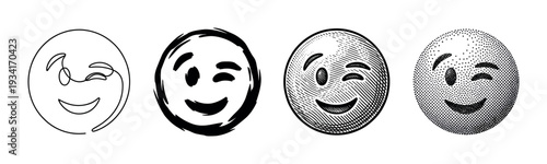 Four winking smiley face emoticons depicted in various artistic styles, showcasing different black and white illustration techniques for expressive communication.