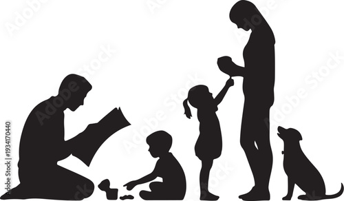 Black silhouette family with dog and baby white background