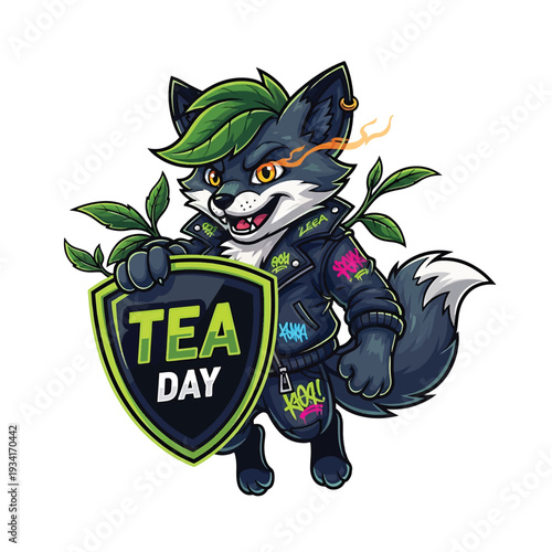 Energetic cartoon fox holding shield with TEA DAY text