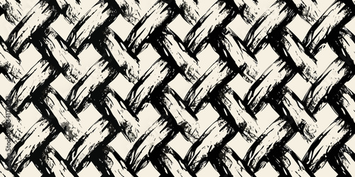 Abstract black brushstrokes create a woven geometric pattern on a beige background