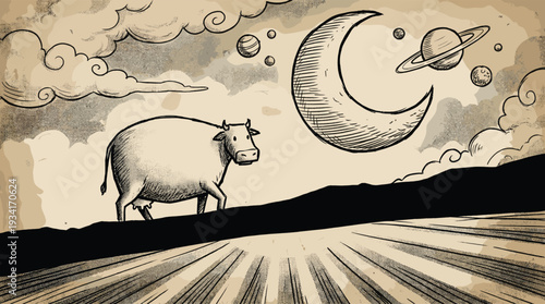 Vintage hand drawn cow jumping over the moon nursery rhyme concept with planets clouds and stars in a retro woodcut style cad drawing flat vector illustration