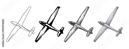 Collection of stylized glider aircraft designs depicted with diverse illustration techniques and textures.