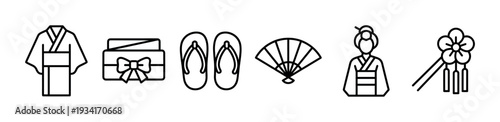 Japanese cultural icons collection featuring traditional clothing, footwear, a folding fan, and elegant hair accessories.