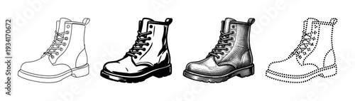 Combat boots vector illustrations set showcasing various artistic styles of sturdy footwear, perfect for design projects.