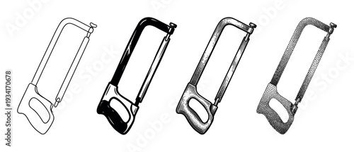 Hacksaw tool vector illustration set features various artistic styles for construction and DIY projects.
