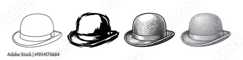Four unique artistic bowler hats illustrated in a horizontal line, demonstrating diverse drawing techniques.
