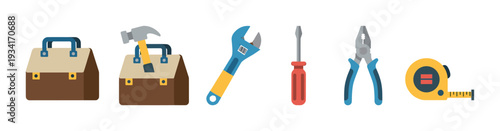 Collection of essential tools including a hammer, wrench, screwdriver, pliers, and tape measure, ready for various tasks.