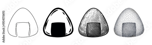 Japanese onigiri rice balls presented in various artistic illustration styles, from simple outline to detailed stipple and hatching.
