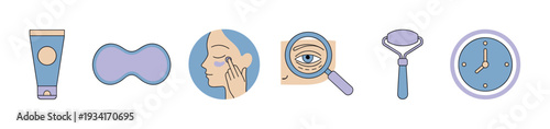 Eye care routine icons illustrate various steps for maintaining healthy and youthful skin around the eyes.